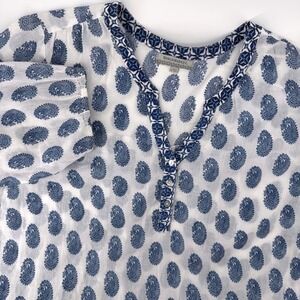 World Market Womens Large XL Boho Airy Blue Paisley Cotton Gauze V-Neck Blouse